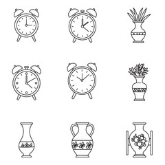 Poster - Collection of alarm clocks and decorative vases in minimalist line art style