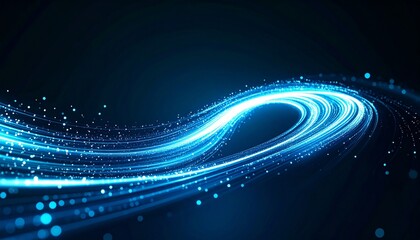 an abstract swirl of glowing blue light trails and particles moving rapidly across a dark background