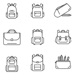Poster - Collection of school supplies and backpacks outlined in modern minimalist vector style