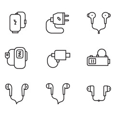 Poster - Simple outlined icons featuring chargers and earphones in clean monochrome style