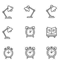 Poster - Vector illustration of desk lamps alarm clocks and book icons in black outline style