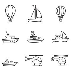 Poster - Vector illustrations of transportation including sailboats balloons helicopters and motorboats in black outlines