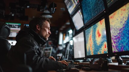Poster - Scientist is working at his desk, analyzing complex data displayed on several monitors, suggesting a high tech environment related to research, monitoring, or control operations