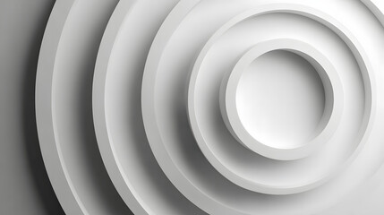 Poster - Concentric randomly offset white rings or circles steps fading out background wallpaper banner, close up flat lay top view from above. abstract modern minimal white background