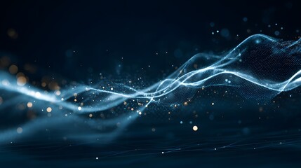 Fototapete - Abstract waves of light and particle patterns create a sense of depth and movement. Digital art with flowing, dynamic energy on a deep blue backdrop.