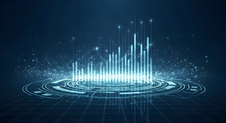 Fototapete - Abstract representation of a digital data analysis, visualized as a rising bar graph with radiating energy, on a dark blue background.