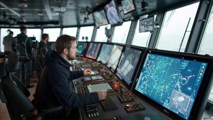 Poster - Professionals operate cutting edge navigation systems in a ship's control room. Multiple screens display complex maritime data, assisting in precise and safe navigation at sea
