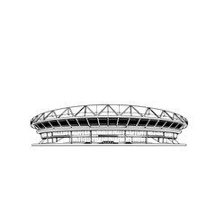 Poster - Stadium Sketch: A simple line art illustration of a modern stadium, showcasing its sleek design and circular architecture against a white background.