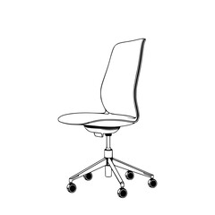 Poster - Office Chair Line Art: A sleek, monochrome illustration showcases a modern office chair with a curved backrest and five-wheel base, perfect for design projects.