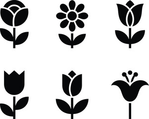 Fototapete - A set of six black flower icons including a rose, tulip, and daisy on gray background