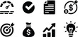 © Munawar - Icon set featuring speedometer checkmark document target money bag graph and lightbulb