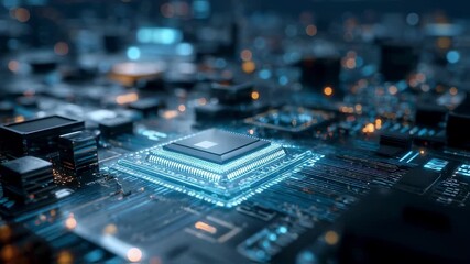 Poster - Close up view of a cpu processing data on a motherboard, illuminated by glowing blue lights, showcasing the intricate details of modern computing and representing innovation in technology
