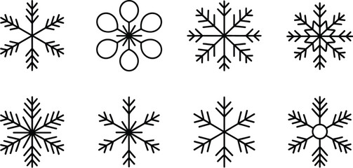 Fototapete - A collection of eight unique snowflake designs in black outline on white background