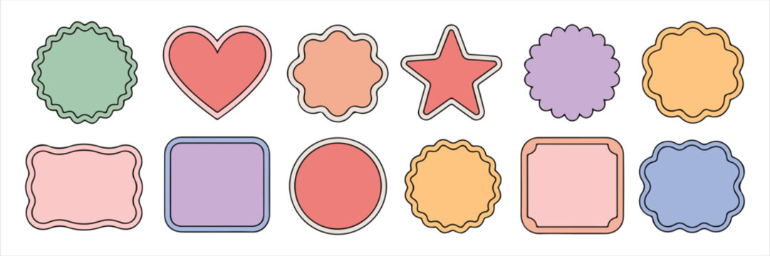 Collection of pastel colored graphic shapes with black outlines on white background design element