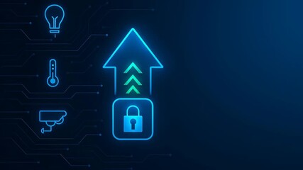 Poster - Smart home energy storage. Glowing blue arrow with lock icon and security symbols representing protection and technology innovation for smart home security