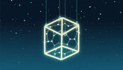 Poster - Illuminated geometric cube suspended against a starry night sky illustration