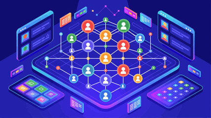 Fototapete - Isometric illustration of social network with people connected and digital devices around