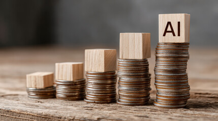 Poster - AI tools for income generation, Growing stacks of coins symbolize financial growth, with wooden blocks labeled AI representing technology impact on investment