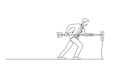 Poster - Self drawing animation of single continuous line drawing businessman hold arrow in hand to target, achievement goal. Aim in business. Aspirational people. Mission achieved. Full length animated