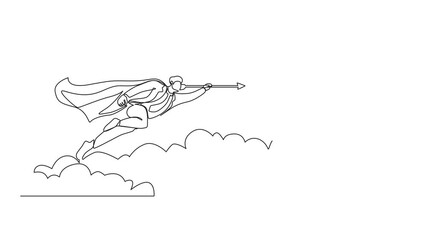 Poster - Animation of continuous one line drawing superhero businessman flying with arrow forward to goal to achieve success. Power leadership ambition and achievement. Full length motion