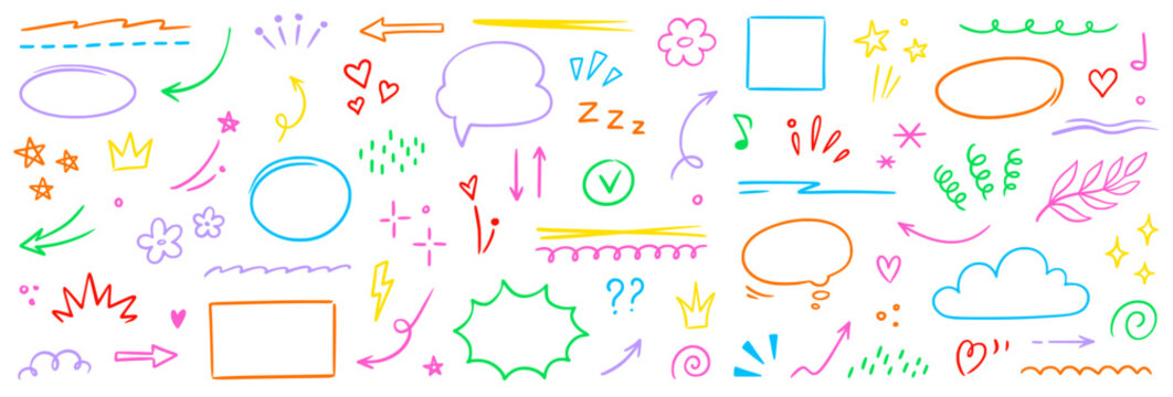 Line arrow icon element set. Hand drawn sketch star, heart marker pen stroke circle, scribble highlight underline elements. Colorful brush emphasis pencil swoosh, flower set. Vector illustration