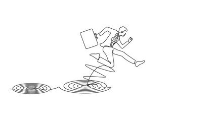 Poster - Animation of single one line drawing businessman jumping on bigger target, successfully. Advancement in career or business growth concept. Aspiration and motivation. Full length motion