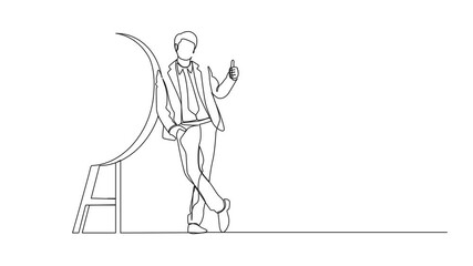 Poster - Animated self drawing of single one line drawing businessman or manager is standing or leaning the target with thumbs up gesture. Arrow hit the target exactly. Full length animation