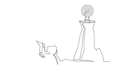 Poster - Animation of continuous one line drawing businessman standing on peak of cliff targeting dartboard with big arrow. Businessman aiming target on cliff. Success business metaphor. Full length motion