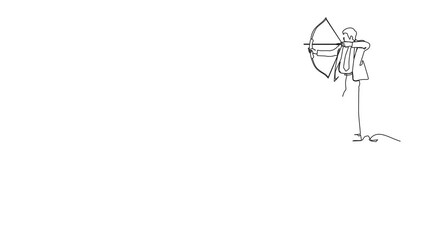 Poster - Animated self drawing of single one line drawing businessman standing on cliff with archer in hand. Business target goal. Focus to successful. Shooting target with bow and arrow. Full length animation