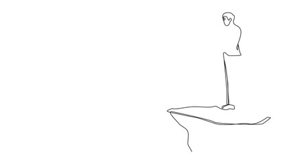 Poster - Self drawing animation of single continuous line drawing businessman looking in binoculars standing on cliff. Business vision concept, leadership, achievement, target. Full length animated