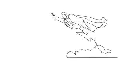 Poster - Animated self drawing of single continuous line drawing super businessman flying up from cloud. Business leadership. Business finance success concept. Creative idea. Full length animation