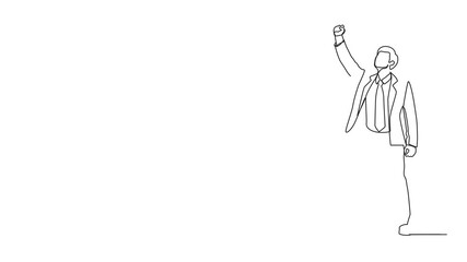 Poster - Animated self drawing of continuous one line drawing young businessman executive celebrate his successful, raising hands with clenched fists up over head. Success and vision. Full length animation