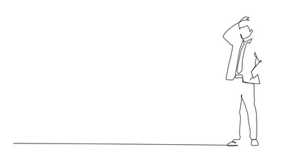 Poster - Self drawing animation of single continuous line drawing businessman confused with hand on head for mistake, remember error. Forgot, bad memory. Headache pain or stress. Full length animated