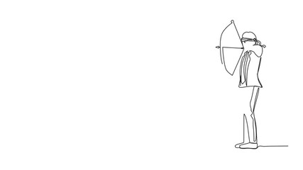 Poster - Self drawing animation of single continuous line drawing blindfolded businessman shooting arrow. Missed the target. Businessman trying to shoot target with blindfold. Full length animated