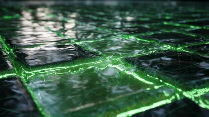 Poster - Green energy is flowing through the joints of transparent tiles, creating a futuristic and innovative design in this high tech flooring concept