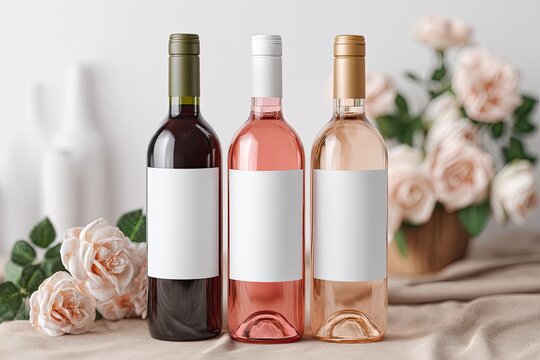 Three wine bottles with blank labels, set against a backdrop of pastel roses
