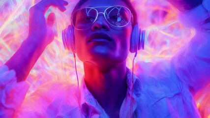 Poster - Surrounded by an enchanting interplay of glowing geometric patterns a young person strikes a pose with colorful light trails swirling around them. The stylish sunglasses glisten under
