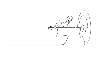 Poster - Self drawing animation of single one line drawing businesswoman hold arrow in hand to target, achievement goal. Aim in business concept. Aspirational people. Mission achieved. Full length animated