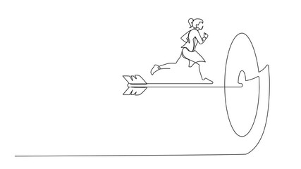 Poster - Self drawing animation of single continuous line drawing ambition businesswoman run to bullseye with dart. Reach target success. Business metaphor. Successful business concept. Full length animated