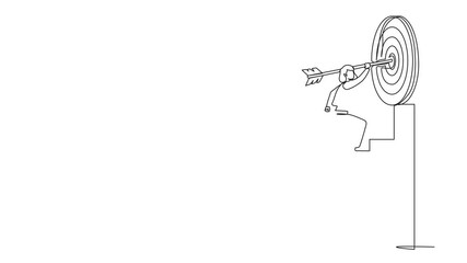 Poster - Animation of continuous one line drawing businesswoman with arrow running toward her goal, motivation advancing, path to achieving high goal, through stairs, steps of achievement. Full length motion