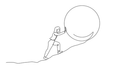 Poster - Animation of single one line drawing businesswoman push up big target to mountain. Salary woman pushing giant target upwards so very difficult. Goal too big can be difficult. Full length motion