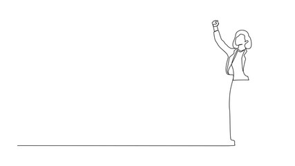 Poster - Animated self drawing of single continuous line drawing businesswoman executive celebrate her successful, raising hands with clenched fists up over head. Success and vision. Full length animation
