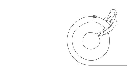 Poster - Animated self drawing of continuous one line drawing businesswoman holding archer target or dashboard pointing at bullseye. Focus on business target, setting goal for motivation. Full length animation
