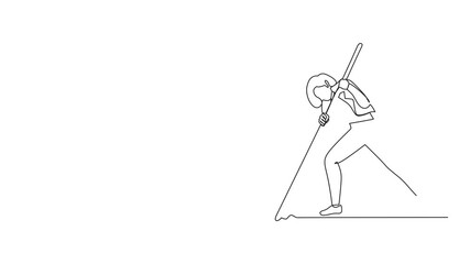 Poster - Self drawing animation of continuous one line drawing cute businesswoman mark goal with arrow. Woman holding arrow, hits target on ground. Achieving goal. Marketing target. Full length animated