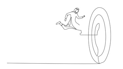Poster - Animated self drawing of single continuous line drawing Arabian businessman run to bullseye with dart. Reach target success. Business metaphor. Successful business concept. Full length animation