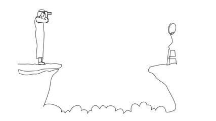 Poster - Self drawing animation of continuous one line drawing Arabic businessman standing on cliff with binoculars in hand. Business target goals concept. Businessman focus to successful. Full length animated