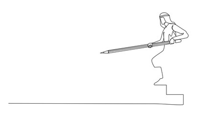 Poster - Animation of single continuous line drawing Arab businessman use huge pencil to draw rising up stairs, walk climbing up ladder. Strategy business target, career path achievement. Full length motion