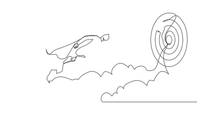 Poster - Animation of continuous one line drawing superhero Arabic businessman flying with arrow forward to goal to achieve success. Power leadership ambition and achievement. Full length motion