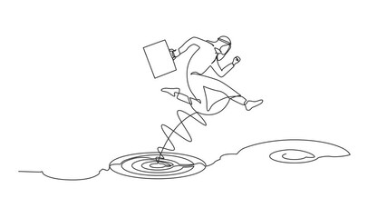 Poster - Anitmation of single continuous line drawing Arab businessman jumping on bigger target, successfully. Advancement in career or business growth concept. Aspiration and motivation. One line self drawing