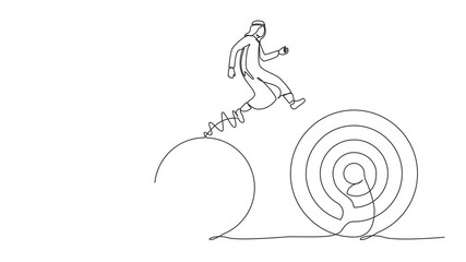 Poster - Self drawing animation of single continuous line drawing Arabic businessman jumping up higher target career goals. Business next target. Planning, successful. Business metaphor. Full length animated